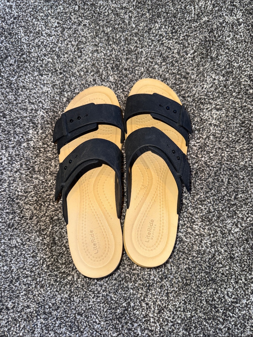 Crocs Black and Tan Double-Strap Slide Sandals